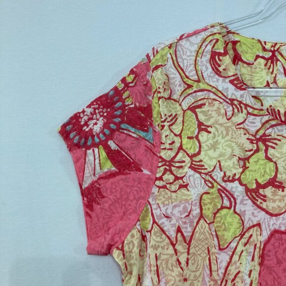 Lulu-B medium Colorful Floral Shark-Bite Hem Stretch Short Sleeve Knit Blouse - Picture 4 of 12